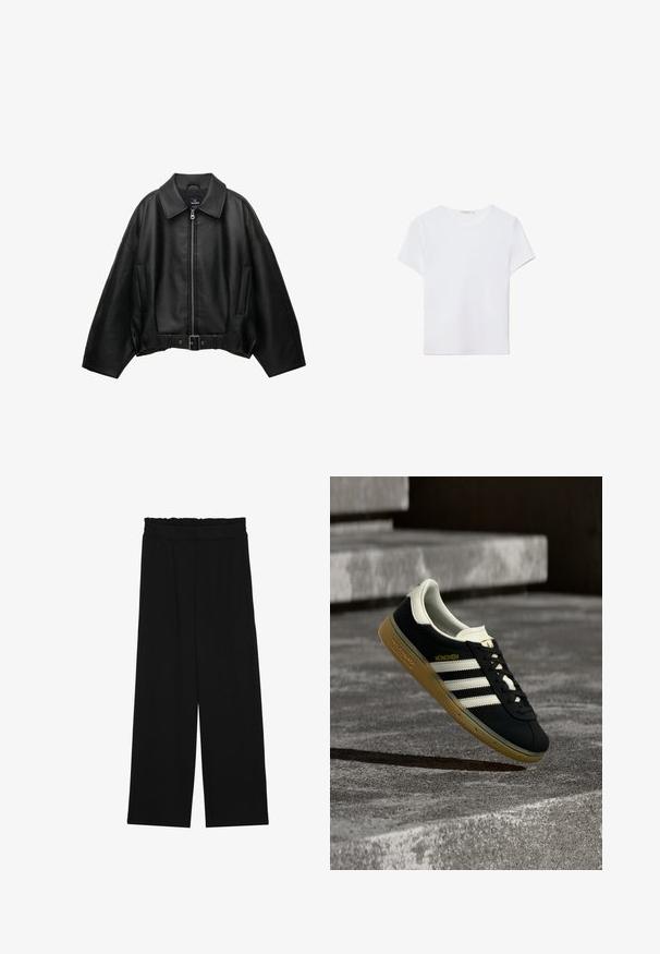Veste en cuir noire avec un large col, fermeture éclair, poches latérales et taille ceinturée. Caractérisée par une coupe ample et un matériau texturé.; T-shirt blanc à manches courtes en tissu doux. Dispose d'un col rond et d'un design simple et épuré avec un ourlet droit.; Pantalons larges noirs à taille volante, dotés de deux poches latérales et d'un tissu lisse et léger. Pas de motifs ni de matériel visible.; Baskets noires Adidas München avec des rayures blanches et une semelle en gomme, flottant au-dessus de marches en béton texturé.