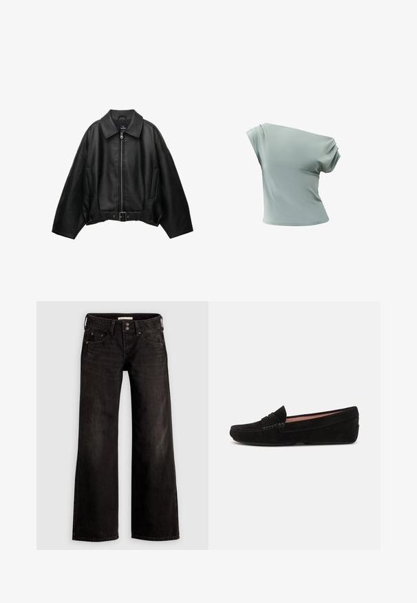 Schwarze Lederjacke mit weitem Kragen, Reißverschluss, Seitentaschen und tailliertem Gürtel. Verfügt über eine lockere Passform und eine strukturierte Oberfläche.; Hellgrünes Ein-Schulter-Stretchstoff-Top mit kurzem Ärmel und gerafftem Detail an der linken Schulter, figurbetonte Taille.; Schwarze Jeans mit weitem Bein und leicht ausgeblichenem Finish, ausgestattet mit vorderen Taschen, einem Reißverschluss und einer Knopfverschluss. Hergestellt aus Denimstoff.; Schwarze Wildleder-Slipper im Mokassinstil, mit einem gesteppten Band über der Vorderseite und einer flachen Gummisohle. Weicher Stoff, einfache Silhouette.