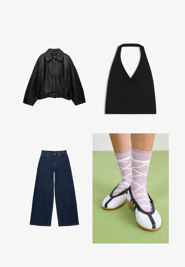 Zwarte lederen jas met een brede kraag, ritssluiting, zijzakken en een tailleband met riem. Heeft een losse pasvorm en een gestructureerd materiaal.; Zwarte haltercrop top met diepe V-halslijn en brede nekband tegen een witte achtergrond.; Donkerblauwe wijde denim jeans met steekzakken aan de voorkant, riemlussen en een knoopsluiting in de tailleband, plat weergegeven op een witte achtergrond.; Benen met geribbelde lavendelkleurige sokken met witte kruisbanden, gecombineerd met witte ballerina's met zwarte bies op een groene vloer.