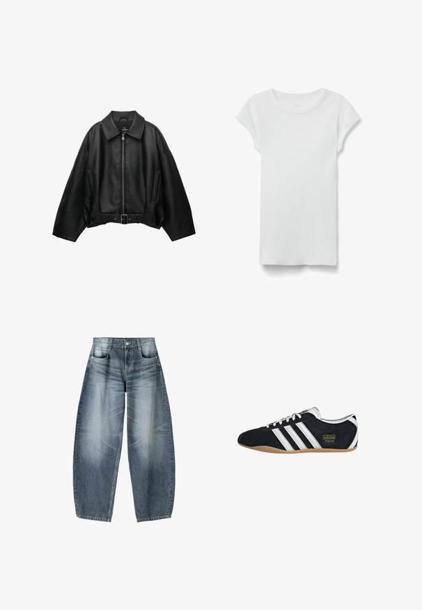 Sort læderjakke med bred krave, lynlåslukning, sidelommer og bælte i taljen. Har en løs pasform og tekstureret materiale.; Hvid kortærmet ribbet T-shirt med rund hals, lagt fladt på hvid baggrund, viser forsiden og simpel afslappet stil.; Bredde jeans lavet af lyseblå denim med falmning, der har et fem-lomme design, knaplukning og minimale syninger.; Sort ruskinds sneaker med hvide tre striber, guldlogo og en brun gummisål. Har et lavprofil snørebåndsdesign.