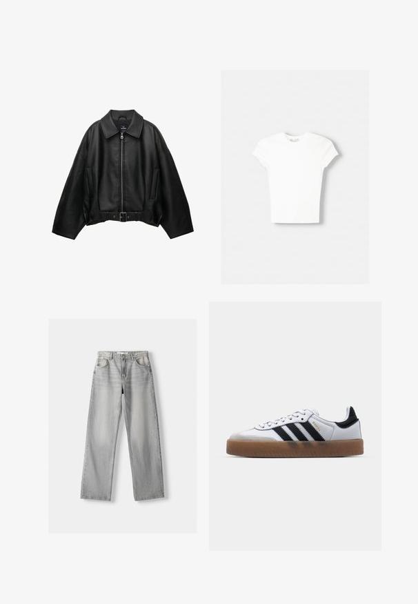 Veste en cuir noire avec un large col, fermeture éclair, poches latérales et taille ceinturée. Caractérisée par une coupe ample et un matériau texturé.; T-shirt blanc à manches courtes en coton doux, avec un col rond et une coupe ajustée. Pas de motifs ni d'ornements visibles.; Jean en denim gris clair avec une coupe droite, dotée de deux poches avant, d'un bouton de fermeture et d'un léger délavage pour la texture.; Baskets en cuir blanc avec des rayures noires, semelle extérieure en caoutchouc beige, bout rond, fermeture lacée et embout en suède gris doux.