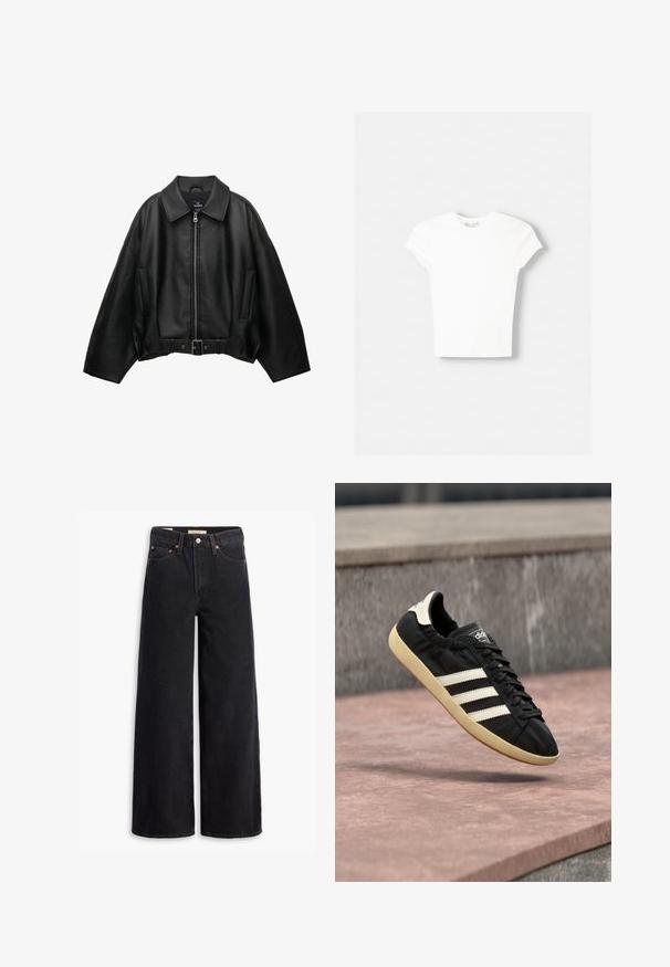 Sort læderjakke med bred krave, lynlåslukning, sidelommer og bælte i taljen. Har en løs pasform og tekstureret materiale.; Hvid kortærmet t-shirt lavet af blød bomuld, med rund halsudskæring og en tætsiddende form. Ingen synlige mønstre eller udsmykninger.; Sorte brede benjeans lavet af denim, med fem lommer, kobbernitter og en klassisk knaplukning. Glat tekstur med et rent design.; Sort Adidas sneaker med hvide striber og beige sål, fanget i luften over en stenet overflade og baggrund af en stenmur.