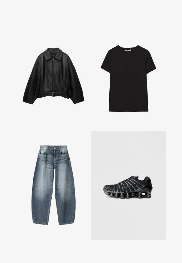 Veste en cuir noire avec un large col, fermeture éclair, poches latérales et taille ceinturée. Caractérisée par une coupe ample et un matériau texturé.; T-shirt noir en coton à manches courtes avec encolure ronde, coupe standard et étiquette intérieure visible au niveau du col.; Jean large en denim bleu clair avec décoloration, présentant un design à cinq poches, un bouton de fermeture et des détails de couture minimaux.; Chaussure de sport noire avec une tige en mesh texturé et une semelle épaisse distinctive comportant des sections arrondies. Lacets et talon renforcé pour un meilleur maintien.
