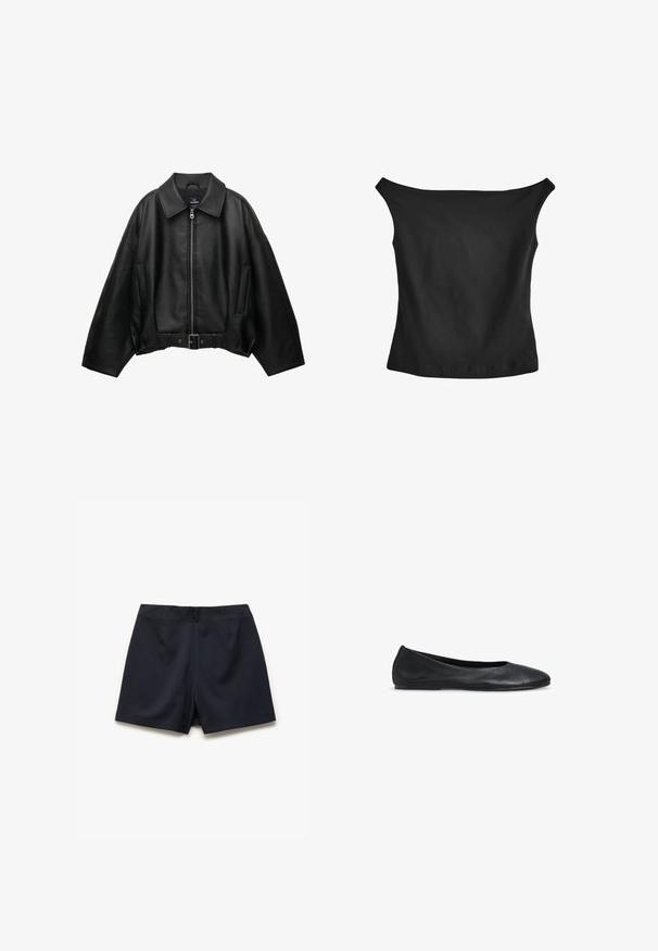 Schwarze Lederjacke mit weitem Kragen, Reißverschluss, Seitentaschen und tailliertem Gürtel. Verfügt über eine lockere Passform und eine strukturierte Oberfläche.; Schwarzes schulterfreies Oberteil aus glattem Stoff. Figurbetonte Silhouette mit weitem Ausschnitt und geradem Saum. Keine sichtbaren Nähte oder Verzierungen.; Marineblaue Shorts aus glattem Stoff, mit maßgeschneidertem Design, flachem Bund und kurzem Saum. Keine sichtbaren Muster oder Akzente.; Schwarzer Damen-Ballettschuh aus Leder mit rundem Zehenbereich und niedrigem Absatz, auf weißem Hintergrund dargestellt.