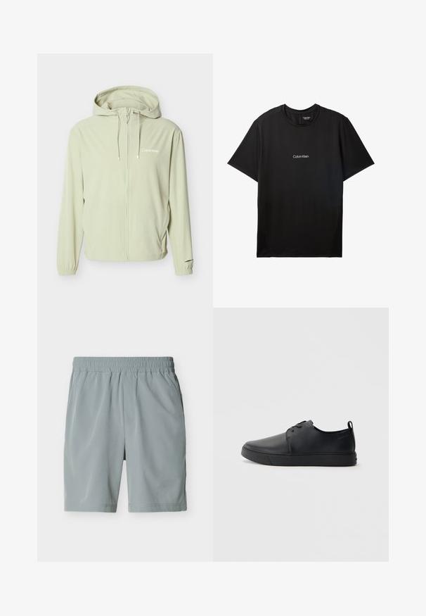 Veste à capuche Calvin Klein beige clair avec fermeture éclair intégrale à l'avant, cordons de serrage, poignets élastiques et logo discret sur la poitrine.; T-shirt Calvin Klein noir à manches courtes avec col rond et petit logo blanc Calvin Klein centré sur la poitrine.; Shorts décontractés pour homme de couleur gris clair avec ceinture élastique et poches latérales, présentés à plat sur fond blanc.; Baskets en cuir noir avec une finition lisse, bout arrondi, coutures ton sur ton, devant à lacets et semelle plate en caoutchouc. Anse au talon.