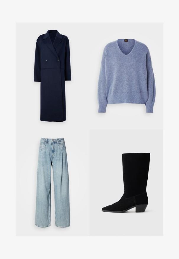 Marineblå uldblandingsfrakke med dobbeltradet front, skrå krave og lange ærmer. Har to sorte knapper og en mellem-længde design.; Lyseblå strikket sweater med V-hals, faldende skuldre og ribstrikkede ærme- og båndkanter. Blød tekstur, designet til en afslappet pasform.; Lyseblå højtaljede vide jeans med frontlommer, knaplukning og bæltestropper mod en ensfarvet hvid baggrund.; Sort ruskind ankelstøvle med spidse tæer, mellemhøj skaft og en chunky hæl. Fuldender et minimalistisk design med lidt syninger og en glat tekstur.