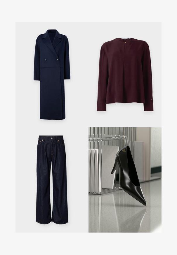 Marineblauwe wolmix jas met een dubbelgeknoopt voorpand, geknipte kraag en lange mouwen. Voorzien van twee zwarte knopen en een middellange pasvorm.; Donker bordeaux blouse met lange mouwen, ronde halslijn, plooien aan de voorkant en een enkele gouden knoopsluiting bij de nek.; Donkere blauwe jeans met wijde pijpen, voorzien van knopen aan de voorkant en een vijfzakkenontwerp, op een effen lichte achtergrond.; Zwart hooggehakt schoen met puntige neus en gouden logo, geplaatst op een reflecterend oppervlak naast een verchroomde draadordner met documenten.