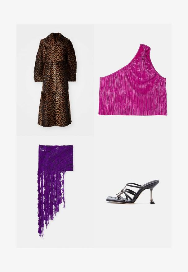 By Malene Birger RAFAIA - Winter coat - brown; One-shoulder top in bright pink fabric with metallic stripes, featuring a knotted detail at the shoulder and smooth, textured surface.; Purple lace scarf with a scalloped edge. Features long, flowing strands and intricate floral patterns throughout. Lightweight and textured.; Black strappy high-heeled sandal with square toe and thin stiletto heel, featuring overlapping straps and a knotted detail on the upper.