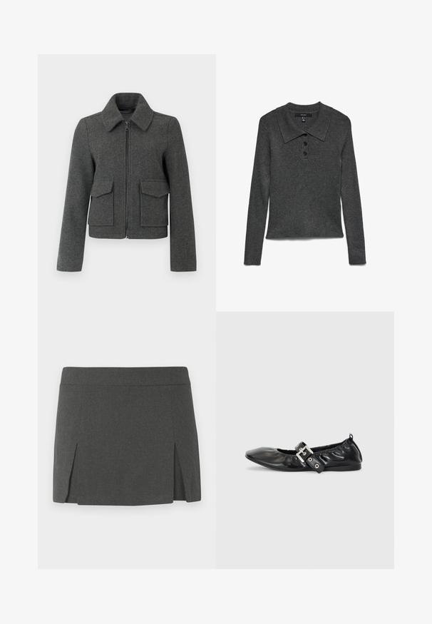 Veste en laine gris foncé avec fermeture éclair sur le devant, large col, manches longues et deux grandes poches à rabat à la taille.; Polo à manches longues gris foncé côtelé avec col, comportant trois boutons noirs au niveau de l'encolure et un ourlet légèrement raccourci.; Mini jupe grise avec une texture lisse, dotée d'une taille plate et de deux fentes sur le devant pour un détail supplémentaire. Design décontracté.; Chaussure plate en cuir noir avec un nez pointu, des détails froncés autour de l'ouverture et un accent en boucle argentée sur la bride ajustable.