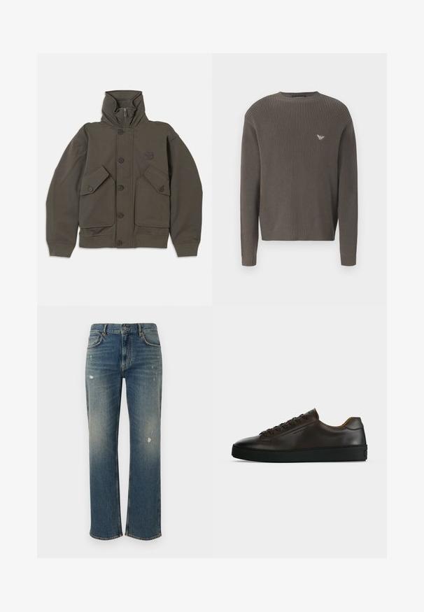 Oliven grøn hættejakke lavet af blødt stof, med knaplukninger, to store forlommer og ribbede manchetter på ærmerne.; Mørkegrøn strikket sweater med rund halsudskæring, ribbede manchetter og kant, der har et lille logo på brystet. Strukturen i stoffet giver en tætsiddende pasform.; Denim jeans i medium blå med lige pasform, der har let slid og distressed lapper. Klassisk fem-lomme design og knaplukning i toppen.; Lavprofil mørkebrune lædersneaker med sort gummisål, snørelukning foran og glat minimalistisk design på lys baggrund.