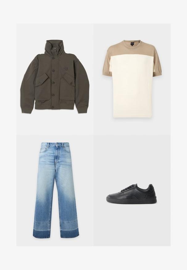Oliven grøn hættejakke lavet af blødt stof, med knaplukninger, to store forlommer og ribbede manchetter på ærmerne.; Kortærmet sweater med rund hals i beige øverste sektion og ærmer samt et bredt off-white område nederst, vist på ensfarvet baggrund.; Vidde, lyseblå denimjeans med falmede detaljer og mørkere farveblokke nær kanten, foran knap og synlige lommer.; Sorte lædersneakers med en glat finish, rund tå, struktureret sidelæder og sorte snørebånd. Har en flad gummisål og et minimalistisk design.