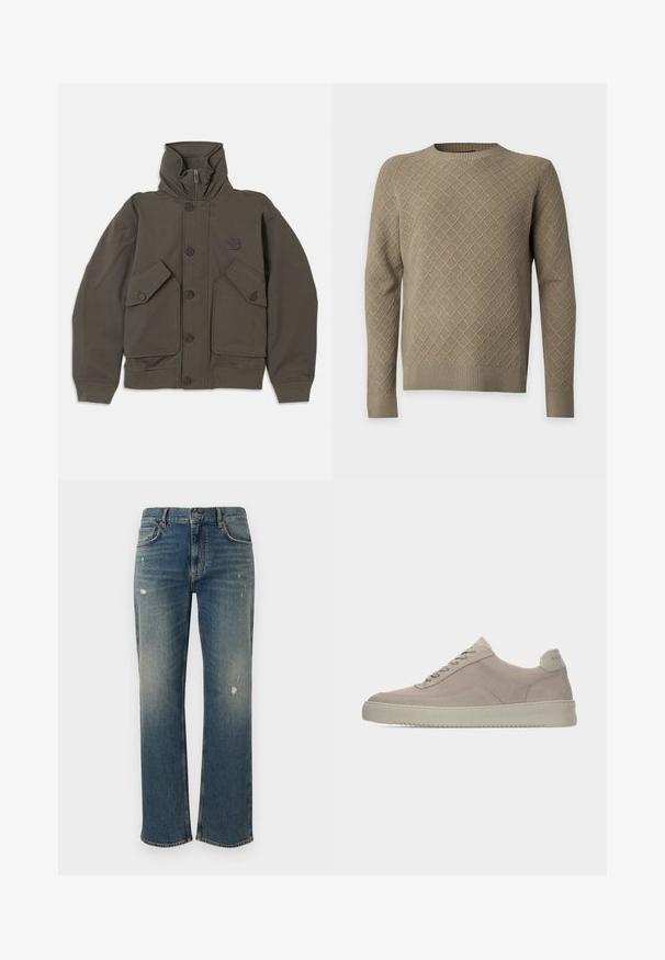 Olivgrüne Kapuzenjacke aus weichem Stoff, ausgestattet mit Knopfverschlüssen, zwei großen Fronttaschen und gerippten Bündchen an den Ärmeln.; Hellbrauner Strickpullover mit Diamantmuster, langen Ärmeln, gerippten Bündchen, Saum und Rundhalsausschnitt auf einfarbigem Hintergrund.; Dunkelblaue Denim-Jeans mit geradem Schnitt, die leichte Auswaschungen und abgenutzte Stellen aufweisen. Klassisches Fünf-Taschen-Design und Knopfverschluss.; Beige Wildledersneaker mit strukturierter Oberfläche, abgerundeter Zehenpartie und tonalen Schnürsenkeln. Verfügt über eine dicke Gummisohle und dezente Markenkennzeichnung an der Ferse.