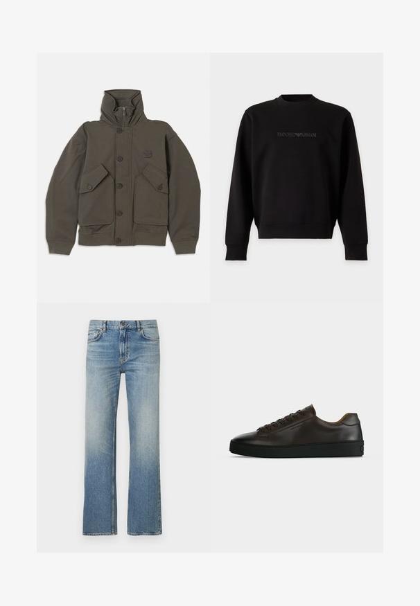 Olijfgroene hoodie jas van zachte stof, met knoopsluitingen, twee grote voorzakken en geribbelde manchetten bij de mouwen.; Zwarte longsleeve trui met ronde hals en subtiel reliëf Emporio Armani-logo in het midden van de borst tegen een effen achtergrond.; Lichtblauwe spijkerbroek met een rechte pijp, voorzien van een vervaagde finish, klassiek ontwerp met vijf zakken en contrasterende stiksels.; Low-profile donkerbruine leren sneaker met zwarte rubberen zool, veters aan de voorkant en een strak minimalistisch design op een lichte achtergrond.