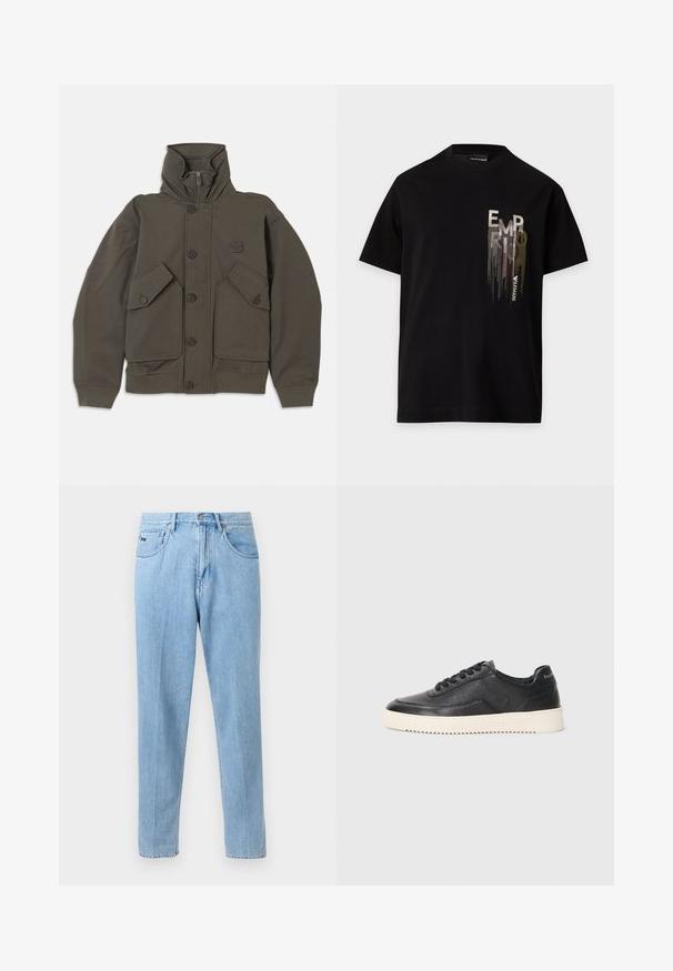 Olijfgroene hoodie jas van zachte stof, met knoopsluitingen, twee grote voorzakken en geribbelde manchetten bij de mouwen.; Zwart T-shirt met korte mouwen en een verticale metalen zilveren en gouden "EMPORIO ARMANI" logo op het linkerborstgebied.; Lichtblauwe rechte spijkerbroek met voorzakken, lussen voor een riem en knoopsluiting op een neutrale achtergrond.; Zwarte leren sneaker met een gestructureerde afwerking, ronde neus en platte witte rubberen zool. Voorzien van zwarte veters en merklabel op de hiel.