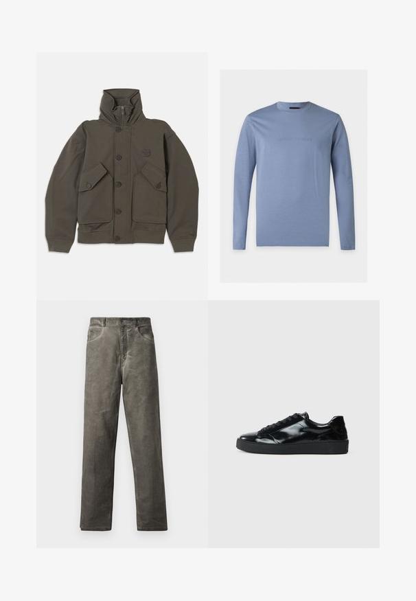 Oliven grøn hættejakke lavet af blødt stof, med knaplukninger, to store forlommer og ribbede manchetter på ærmerne.; Langærmet lyseblå T-shirt med rund hals og præget Emporio Armani-logo centreret på brystet mod en hvid baggrund.; Grå, lige ben bukser lavet af blødt bomuldsstof med en glat tekstur. Har forlommer og en knaplukning.; Sorte laklæder sneakers med rund tå, snørredesign, tekstureret gummisål og en glat overflade.