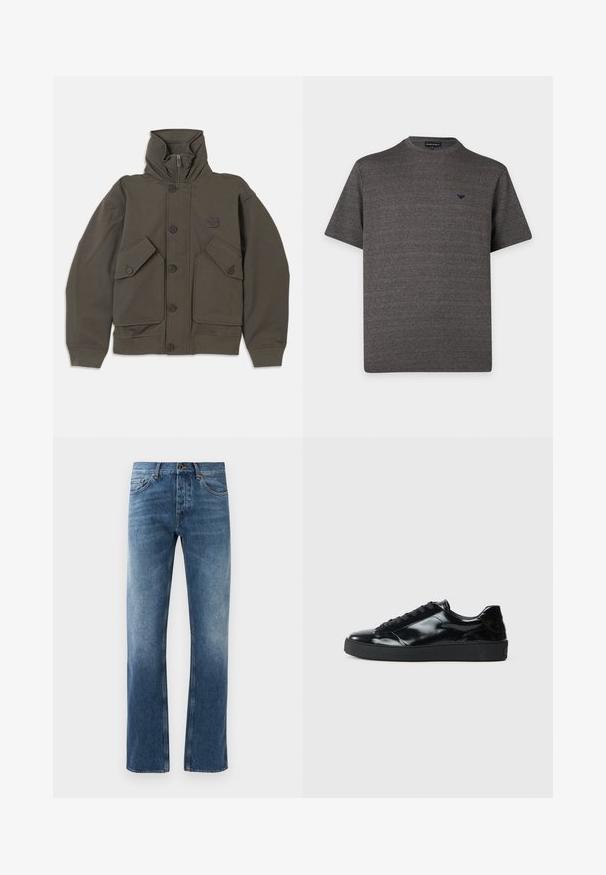 Olijfgroene hoodie jas van zachte stof, met knoopsluitingen, twee grote voorzakken en geribbelde manchetten bij de mouwen.; Donkergrijs textuurgebreid T-shirt met korte mouwen, ronde hals en klein zwart logo op de linkerborst tegen een witte achtergrond.; Blauwe denim jeans met een rechte pijpdesign, vervaagde wassing, vijf zakken en contrasterende stiksels. Knopen- en ritssluiting bij de tailleband.; Zwarte gepatenteerde leren sneakers met een ronde neus, vetersluiting, een gestructureerde rubberen zool en een glanzende afwerking.