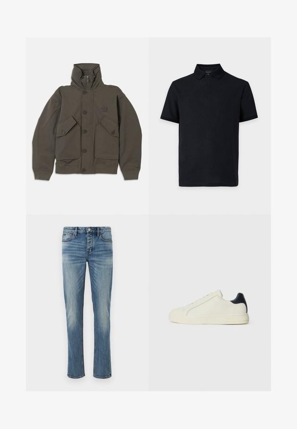 Olijfgroene hoodie jas van zachte stof, met knoopsluitingen, twee grote voorzakken en geribbelde manchetten bij de mouwen.; Zwart polohemd met korte mouwen, een gestructureerd patroon, een kraag en een knoopsluiting op een lichtgrijze achtergrond.; Lichtblauwe denim jeans met rechte pijpen, vijf-pocket ontwerp, zilveren knoopsluiting en subtiele vervagingen in de stof.; Witte leren sneaker met een marineblauw leren accent op de hak, ronde neus, platte rubberen zool en vetersluiting met zes oogjes.