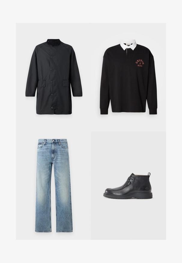 Barbour COUNTRY - Mantel - navy; Zwarte longsleeve polo met een witte kraag, voorzien van een klein rood bedrukte logo op de borst en een klassieke knoopsluiting.; Lichtblauwe denim jeans met rechte pijpen, een hoge taille, vijf zakken, knoopsluiting en subtiele vervaging op de dijen en knieën.; Zwarte leren enkellaarsjes met een ronde neus, vetersluiting en een lipje aan de achterkant. Geribbelde bovenkant en rubberen zool.