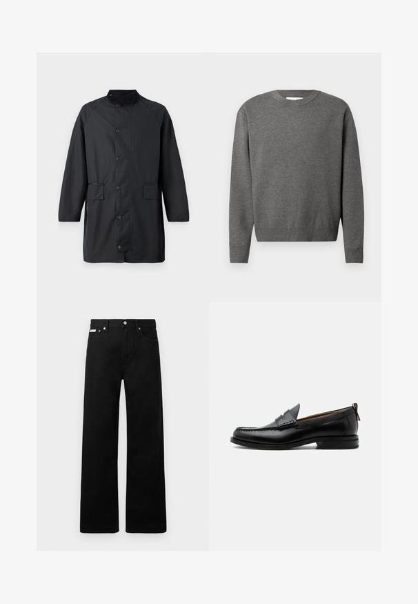 Barbour COUNTRY - Mantel - navy; Grijze crewneck sweater van zacht breisel. Heeft lange mouwen en ribgebreide boorden en onderkant. Minimalistisch design zonder zichtbare logo's.; Zwarte spijkerbroek met een wijd uitlopende pasvorm, voorzien van vijf zakken en metallic knopen. Gladde textuur, geen zichtbare patronen.; Zwarte leren herensloffen met moc toe stiksel, pennyriem, gestructureerde kraag en lage gestapelde hak op witte achtergrond.
