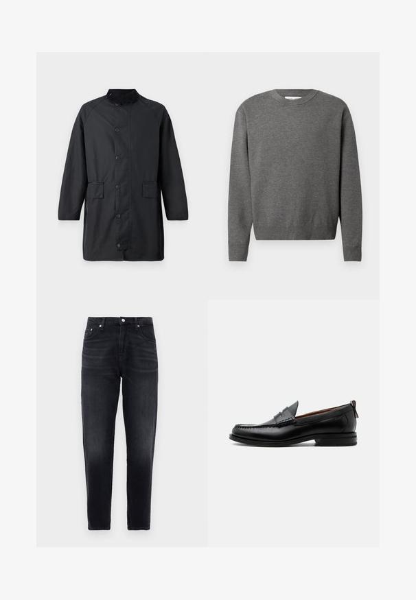 Barbour COUNTRY - Klassischer Mantel - navy; Grauer Rundhals-Pullover aus weichem Strickmaterial. Mit langen Ärmeln und gerippten Bündchen und Saum. Minimalistisches Design ohne sichtbare Logos.; Schwarze Slim-Fit-Jeans mit fünf Taschen, Knopf vorne und dezenten Ausbleichungen an den Oberschenkeln, vor einem weißen Hintergrund präsentiert.; Schwarzer Leder-Herrenschuh mit Mokassinnaht, Penny-Riemen, strukturiertem Kragen und niedrigem gestapeltem Absatz auf weißem Hintergrund.