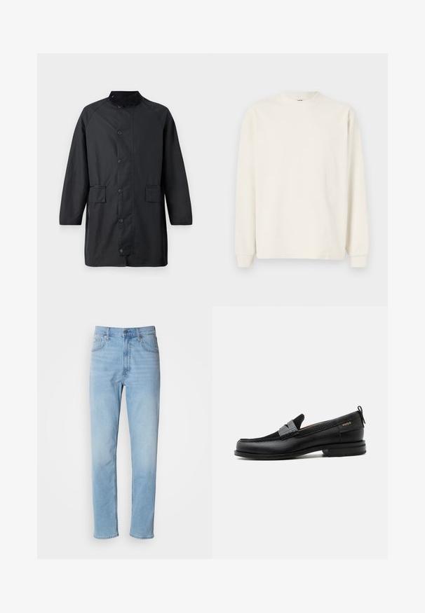 Barbour COUNTRY - Klassischer Mantel - navy; Langarm, geripptes Strickoberteil in Off-White mit Rundhalsausschnitt und enganliegenden Bündchen, das eine lockere Silhouette bietet.; Hellblaue Jeans mit geradem Schnitt, fünf Taschen und Gürtelschlaufen. Der Stoff hat eine glatte Textur mit einem leichten Verblassungseffekt.; Schwarzer Lederloafer mit grauem Riemendetail, niedrigem Absatz und strukturierter Sohle, seitlich mit „HUGO“ in Gold gebrandmarkt.