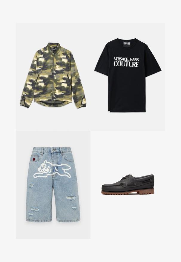 Kamouflagejakke i nuancer af grøn og beige, med lynlås foran, høj krave og sidelommer med netdetaljer i kanten. Letvægtigt stof.; Sort bomulds t-shirt med korte ærmer, der har stor hvid tekst "VERSACE JEANS COUTURE" på forsiden. Klassisk crew neck design.; Icecream RUNNING DOG - Denimshorts - heavy wash blue; Sort læder bådsko med snøredetaljer, rund tå, struktureret brun gummisål og sydd læderside.