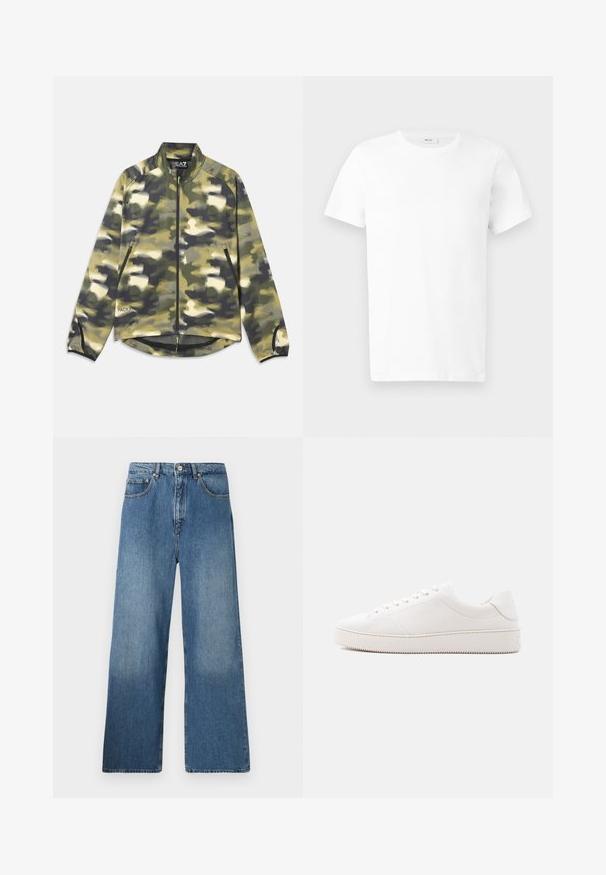 Chaqueta camuflada en tonos de verde y beige, con cremallera frontal, cuello alto y bolsillos laterales con detalle de malla en el dobladillo. Tela ligera.; Camiseta blanca lisa de algodón, de manga corta y cuello redondo, mostrada estirada sobre un fondo gris claro.; Jeans de denim azul de pernera ancha con un diseño clásico de cinco bolsillos, cierre frontal con botón y un ligero desgastado para dar textura.; Zapatilla de cuero blanca con acabado liso, puntera redonda, cordones con seis ojales y suela de goma texturizada. Diseño minimalista sin patrones.