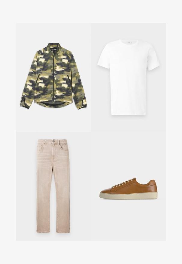 Tarnjacke in verschiedenen Grüntönen und Beige, mit Reißverschluss vorne, hohem Kragen und Seitentaschen mit Netzdetails am Saum. Leichter Stoff.; Schlichtes weißes kurzärmeliges Baumwoll-T-Shirt mit Rundhalsausschnitt, flach auf einem hellgrauen Hintergrund präsentiert.; Beige Jeans aus Denim mit geradem Bein, fünf Taschen und einem vorderen Knopfverschluss. Mit dezenten Verwaschungen und Nahtdetails.; Brauner Low-Top-Ledersneaker mit cremefarbenen Schnürsenkeln und dicker cremefarbener Gummisohle, seitlich auf weißem Hintergrund dargestellt.