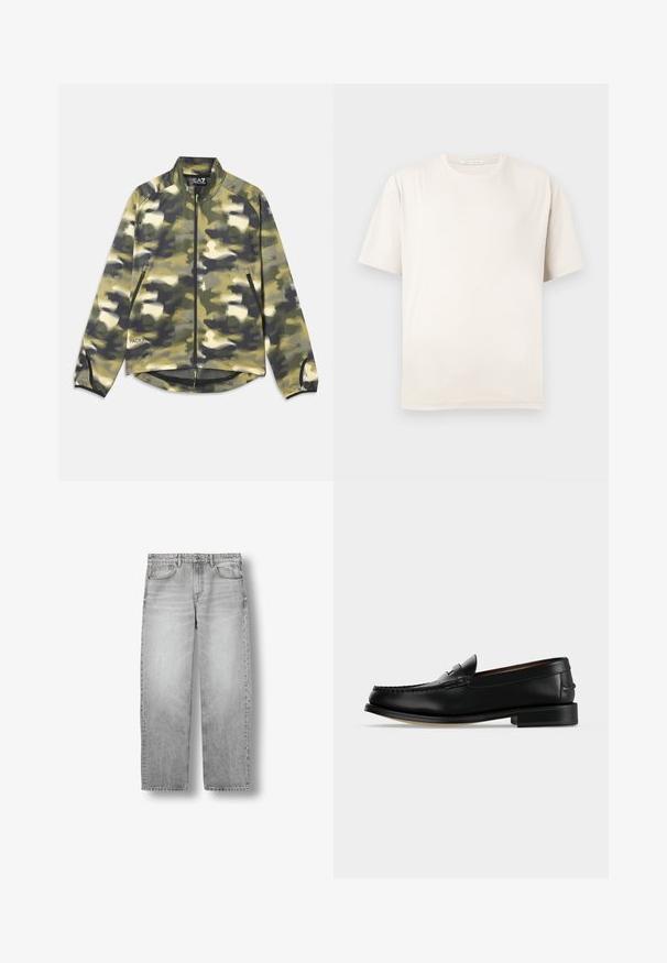 Kamouflagejakke i nuancer af grøn og beige, med lynlås foran, høj krave og sidelommer med netdetaljer i kanten. Letvægtigt stof.; Enkelt beige T-shirt med korte ærmer og rund hals, lagt fladt på en lys baggrund, uden synlige mønstre eller grafik.; Lysegrå jeans med lige ben, forlommer, bæltestropper og knaplukning, vist fladt mod en hvid baggrund.; Sort læder herre loafer med lav hæl og mokkasinsyning på tåen, vist fra siden på en ensfarvet baggrund.