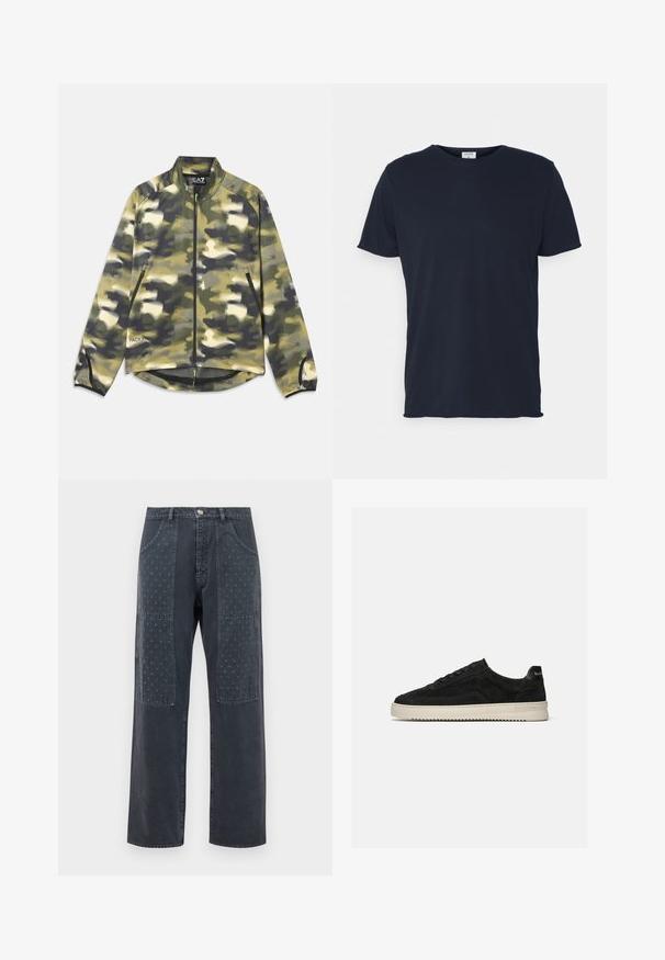 Kamouflagejakke i nuancer af grøn og beige, med lynlås foran, høj krave og sidelommer med netdetaljer i kanten. Letvægtigt stof.; Marineblå bomulds t-shirt med rund hals og korte ærmer, med en glat tekstur og enkel design, uden synlige mønstre eller accenter.; Mørkegrå jeans med bred benudskæring, der har dekorative lapper på forsiden med et subtilt blomstermønster og standardlomme-detaljering.; Sort ruskind lav-sneaker med sorte snørebånd og hvid gummisål, sidevisning på ensartet lys grå baggrund.