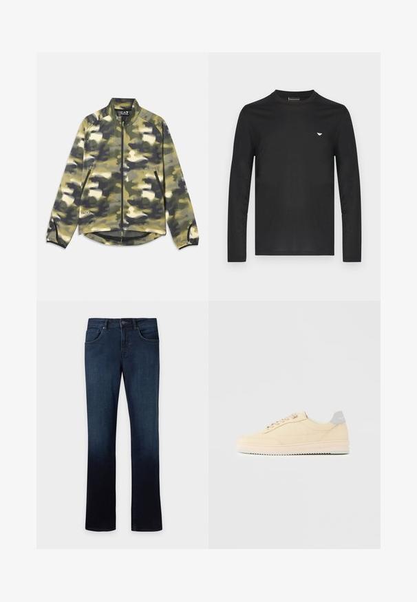 Kamouflagejakke i nuancer af grøn og beige, med lynlås foran, høj krave og sidelommer med netdetaljer i kanten. Letvægtigt stof.; Sort langærmet T-shirt lavet af bomuld. Har rund halsudskæring og en lille guldfarvet logo på venstre bryst. Glat tekstur, tætsiddende design.; Mørkeblå denim jeans med let falmning, fem-lomme stil, knap- og lynlås lukning, lige ben pasform.; Beige lavtop sneaker med snørelukning foran, lyserød sål og grå hællap med mærket "Filling Pieces", vist i profil på ensfarvet baggrund.