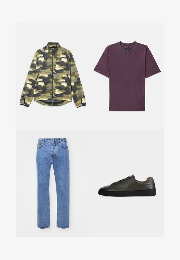 Kamouflagejakke i nuancer af grøn og beige, med lynlås foran, høj krave og sidelommer med netdetaljer i kanten. Letvægtigt stof.; Ensfarvet kortærmet t-shirt med rund hals i mørk mauve med synligt mærke syet indeni kraven.; Won Hundred STEVE - Jeans Relaxed Fit - cut blue; Lavtskåret mørkegrå læder sneaker med sorte snørebånd og sål, minimalistisk design, sideprofil på en ensfarvet lys baggrund.