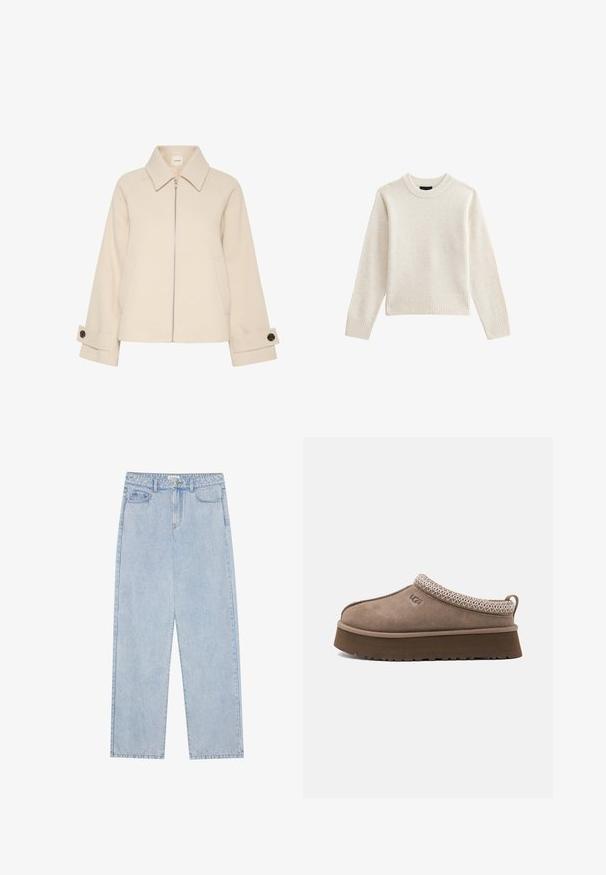 Veste beige avec fermeture éclair à l'avant, grand col, texture côtelée et poches latérales. Les poignets sont ornés d'un détail bouton.; Pull en tricot beige clair avec un col rond côtelé et un ourlet, doté de manches longues et d'une silhouette décontractée. Texture douce et design minimal.; Jeans en denim bleu clair taille haute, avec une coupe droite, cinq poches et des coutures visibles. Le matériau a une texture de lavage classique.; Chaussure en daim marron à enfiler avec semelle épaisse, couture décorative sur le col et logo de la marque sur le côté.