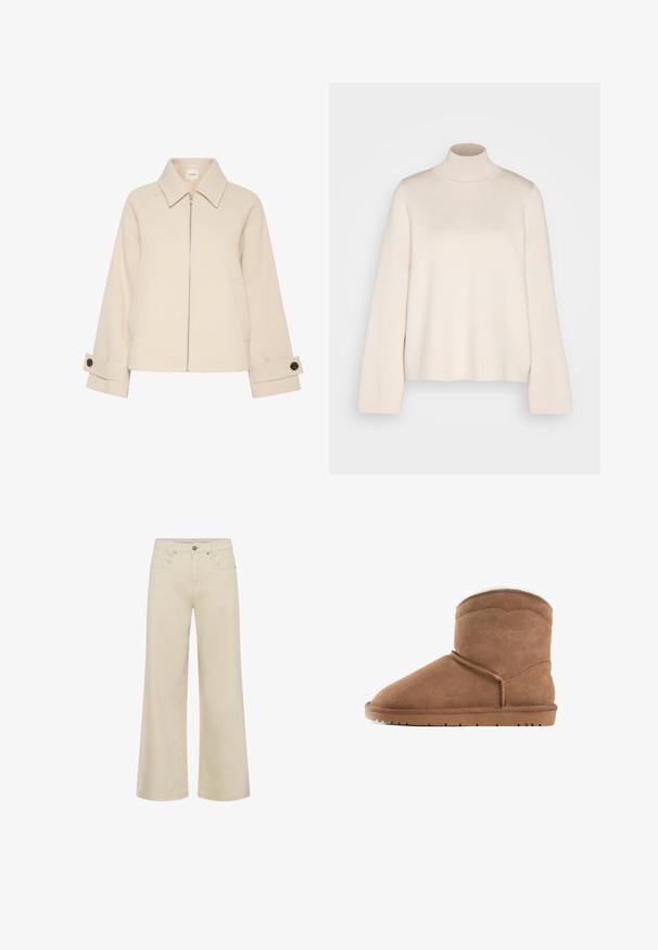 Veste beige avec fermeture éclair à l'avant, grand col, texture côtelée et poches latérales. Les poignets sont ornés d'un détail bouton.; Pull en col roulé crème à manches longues, fabriqué en maille douce. Présente un col ajusté et une silhouette décontractée. Aucun motif ou accent visible.; Pantalon beige à jambes larges avec poches avant, passants pour ceinture et fermeture à bouton et zip, présenté sur un fond blanc.; Bottine en daim beige avec un bout arrondi, des détails cousus sur le dessus et une semelle en caoutchouc plate. Design simple et épuré pour un usage facile.