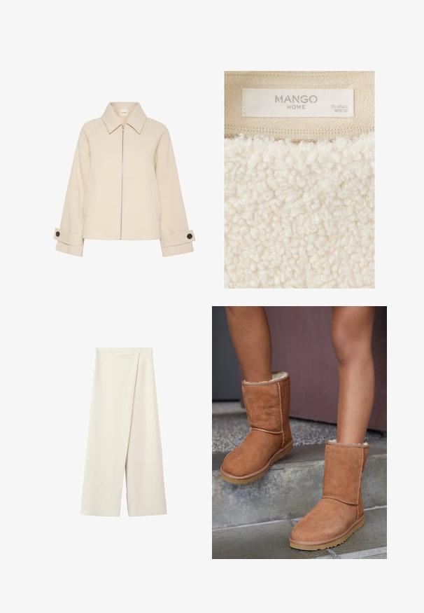 Chaqueta beige con cremallera en la parte delantera, gran cuello, textura acanalada y bolsillos laterales. Las mangas tienen un detalle de botón.; Primer plano de una prenda de tela texturizada beige con una etiqueta cosida que dice Mango Home y talla EU US XS MEX CH.; Pantalones anchos color crema con cintura alta y un detalle de solapa superpuesta en la parte delantera.; Botas de tobillo de ante marrón con punta redonda, forro suave y suela de goma, con detalles de costura visibles a lo largo de las costuras.