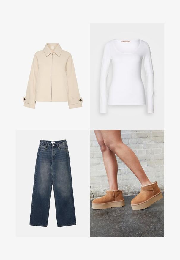 Chaqueta beige con cremallera en la parte delantera, gran cuello, textura acanalada y bolsillos laterales. Las mangas tienen un detalle de botón.; Camiseta de algodón blanca de manga larga con escote redondeado y un diseño ajustado, de textura suave y sin adornos.; Vaqueros de hombre de tiro alto en denim azul, con pernera ancha, botón y cremallera frontales, y bolsillos delanteros y traseros.; Botas de tobillo de ante marrón con forro suave, suela de plataforma gruesa beige y una lengüeta trasera. Superficie texturizada con detalles de costura visibles.