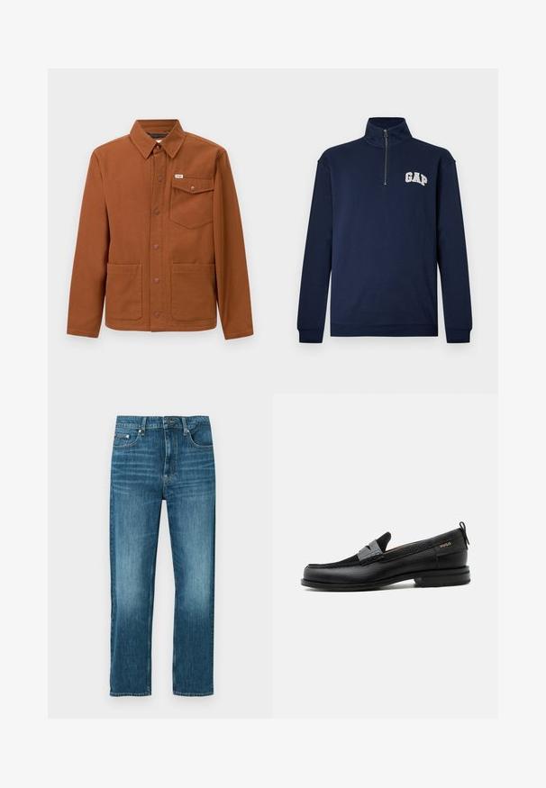 Veste marron à manches longues en tissu robuste, avec un bouton-pression à l'avant, deux grandes poches avant et une poche sur la poitrine gauche avec un logo.; Pull-over à manches longues bleu marine avec col demi-fermeture éclair et logo blanc "GAP" sur le côté gauche de la poitrine.; Jean denim bleu droit avec fermeture boutonnée et zip à l’avant, deux poches avant et détails subtils d’atténuation.; Mocassin en cuir noir avec détail de bride grise, talon bas et semelle texturée, marqué "HUGO" en or sur le côté.