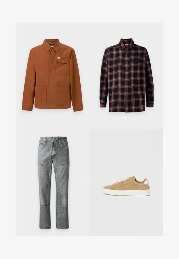 Veste marron à manches longues en tissu robuste, avec un bouton-pression à l'avant, deux grandes poches avant et une poche sur la poitrine gauche avec un logo.; Chemise à carreaux noire et rouge avec un devant à boutons, des manches longues et une étiquette sur le col. Présente des coutures contrastées et une poche plaquée.; Jean en denim gris à coupe droite, avec poches avant, coutures visibles et finition décolorée. Le matériau a une texture lisse.; Baskets en suède beige avec une semelle en caoutchouc blanc, bout rond, lacets plats et un logo discret sur le côté. Texture lisse et design minimaliste.