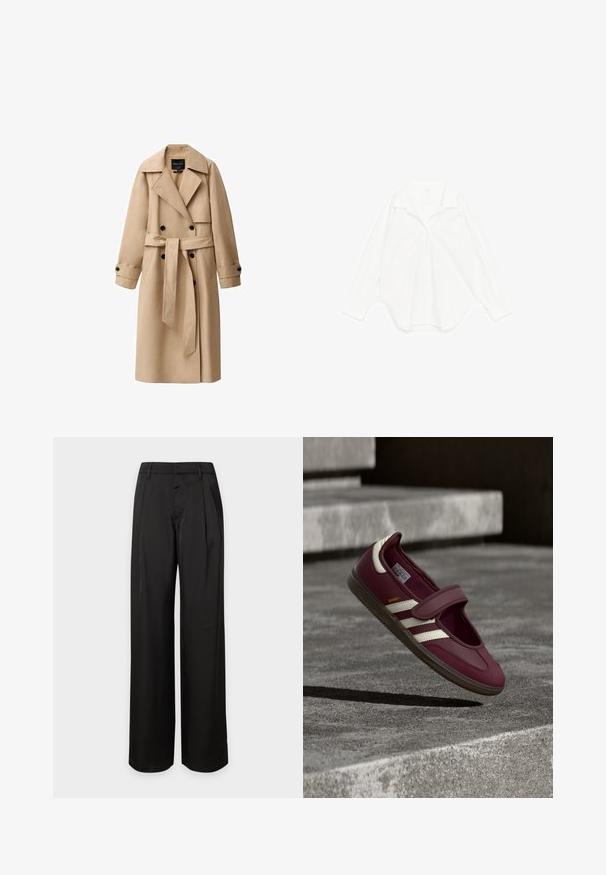 Beige trenchcoat lavet af et glat stof, med en dobbeltradet front, brede revers, bælte i taljen og knappede manchetter.; Hvid langærmet skjorte med knapper og krave, lagt fladt på en hvid baggrund.; Sorte, brede bukser med høj talje, bæltestropper og forreste læg, vist mod en ensartet lys baggrund.; Vinrød sportssko med en rem, hvide sidelister, tekstureret gummisål og et glat øverste materiale. Justerbar pasform med polstret inderside.