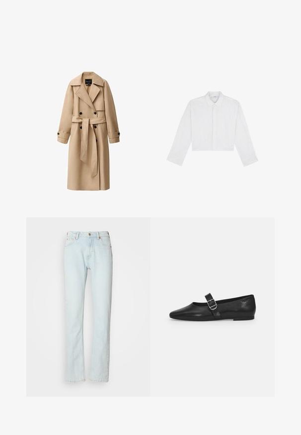 Beige trenchcoat lavet af et glat stof, med en dobbeltradet front, brede revers, bælte i taljen og knappede manchetter.; Afkortet hvid skjorte med blå lodrette striber, krave, lange ærmer og knapmanchetter. Glat stof med en skræddersyet design.; Lyseblå denimjeans med lige ben. Indeholder knaplukning, fem-lomme-design og let falmet tekstur.; Sorte læder flade sko med rund tå, et enkelt justerbart spænde og en glat, blank overflade. Minimalistisk design med en lav hæl.