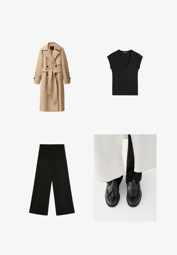 Beige trenchcoat van een gladde stof, met een dubbel-knopsgeschreven voorkant, brede revers, een ceintuur in de taille en knoopmanchetten.; Zwarte mouwloze top met een V-hals en licht verlengde schoudernaden, plat weergegeven op een witte achtergrond.; Zwarte wijde broek met knoop- en ritsluiting, riemlussen en voorplooi-details, plat liggend op een witte achtergrond.; Zwarte leren loafers met kwastaccenten, voorzien van een afgeronde neus, gestikte details en een gladde afwerking, gedragen met zwarte broek.
