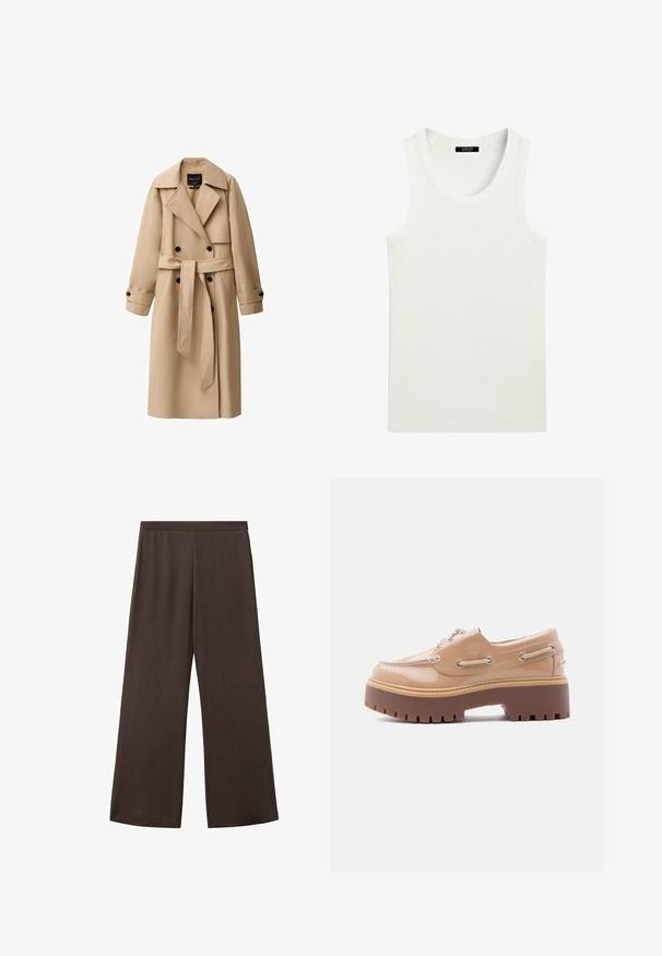 Beige trenchcoat lavet af et glat stof, med en dobbeltradet front, brede revers, bælte i taljen og knappede manchetter.; Hvid ærmeløs ribstrikket tanktop med rund halsudskæring og label indeni kraven.; Bukser med vide ben i mørkebrun, med en glat, ribbet tekstur og høj talje. Ingen synlige beslag eller accenter.; Beige laklædersko med en kraftig brun gummisål. Har sølvfarvede huller, dekorative syninger og et hævet logo på siden.