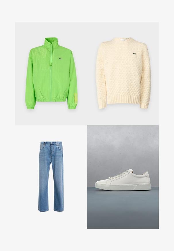 Grüne Windjacke mit hohem Kragen, Reißverschluss vorne, elastischen Bündchen und Saum. Verfügt über ein kleines Logo und ein Etikett-Detail am Ärmel.; Cremfarbener Strickpullover mit strukturiertem Rautenmuster, gerippten Bündchen und Saum; beinhaltet ein kleines grünes Lacoste-Logo auf der Brust.; Helle blaue Jeans im Geradeschnitt-Design, mit fünf Taschen, Knopfverschluss, minimaler Ausbleichung und kontrastierenden Nähdetails.; Weißes Leder-Sneaker mit abgerundetem Zehenbereich, minimalistisches Design, graue Schnürsenkel und einer strukturierten grauen Gummisohle. Dezente Nähte sichtbar.