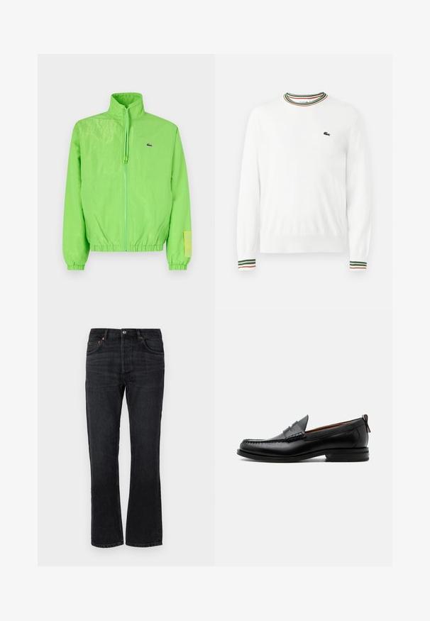 Grüne Windjacke mit hohem Kragen, Reißverschluss vorne, elastischen Bündchen und Saum. Verfügt über ein kleines Logo und ein Etikett-Detail am Ärmel.; Weißer Pullover mit Rundhalsausschnitt, versehen mit grünen, roten und orangefarbenen gestreiften Akzenten am Kragen und den Ärmeln. Lacoste-Logo auf der Brust.; Schwarze Jeans aus Denim mit geradem Schnitt, fünf Taschen und orangen Nähten. Glatte Textur und minimale Ausbleichungen.; Schwarzer Leder-Herrenschuh mit Mokassinnaht, Penny-Riemen, strukturiertem Kragen und niedrigem gestapeltem Absatz auf weißem Hintergrund.
