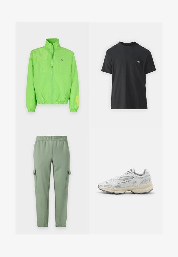 Veste coupe-vent verte avec un col montant, fermeture éclair à l'avant, poignets élastiques et ourlet. Présente un petit logo et un accent en étiquette sur la manche.; T-shirt en coton noir à manches courtes, col rond, avec un petit logo vert sur la poche gauche de la poitrine. Design simple, coupe regular.; Pantalons de survêtement vert clair avec une taille élastique, des jambes fuselées et deux poches cargo latérales. Fabriqués en tissu doux et respirant.; Baskets de sport blanches avec des accents gris, tige en maille et synthétique, design à lacets et semelle en caoutchouc texturée avec motifs de traction.