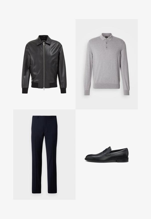 Sort læder bomberjakke med lynlås foran, spidse kraver og ribbede manchetter og kant. Glat tekstur, minimal detaljerigdom og fitted design.; Grå langærmet poloshirt lavet af blødt stof med krave, tre-knaps lukning og ribstrikkede manchetter og kant.; Marineblå skræddersyede bukser med lige pasform, der har to frontplisser og en glat tekstur. Fremstillet af letvægtsstof.; Sort læder herreloafer med struktureret forfod, slip-on design, lav hæl og glat finish, vist i profil mod hvid baggrund.