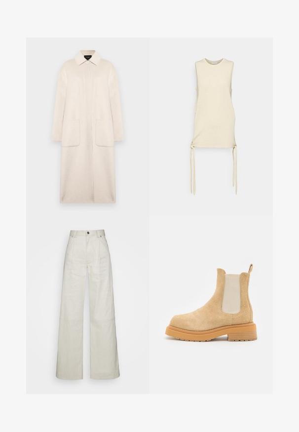 Manteau en laine beige avec un col, fermeture à boutons sur le devant, deux grandes poches et des manches jusqu'au coude. Silhouette simple et droite.; Haut sans manches en crème fabriqué à partir d'un tissu texturé, avec des liens sur le côté pour un ajustement réglable et un col rond. Design léger et décontracté.; Rodebjer Pantalon classique - warm sand; ECKHAUS LATTA MIKE BOOT - Bottines - beige