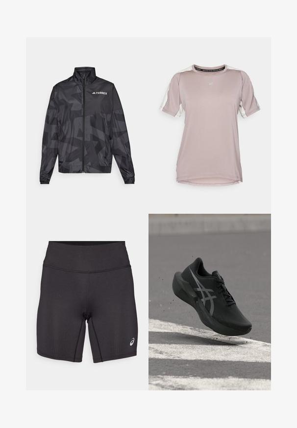 Čierna ľahká bunda s vysokým golierom, so zipsom a geometrickým vzorom. Na hornej ľavej strane je biele logo "TERREX".; ASICS FUJITRAIL ELITE TOP - Športové tričko - rainstorm grey/cream; Čierne atletické šortky s hladkou textúrou, priliehavým strihom a vysokým pásom. Obsahujú kontrastné švy a malé logo na dolnej časti nohy.; Čierna bežecká obuv s bielym logom vo vzduchu nad asfaltom s bielym cestným značením a drobnými nečistotami pod ňou.