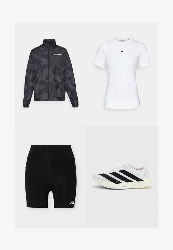 Zwarte lichtgewicht jas met een hoge kraag, ritssluiting en geometrisch patroon. Kenmerkt zich door het "TERREX"-logo in het wit op de bovenste linkerkant.; Witte sportshirt met korte mouwen, gemaakt van zachte, rekbare stof. Voorzien van een klein zwart Adidas-logo op de borst.; Zwarte atletische shorts met hoge taille, met een klein wit Adidas-logo op het onderste linkerbeen en zijzakken tegen een effen achtergrond.; Witte hardloopschoen met zwart drie-strepen ontwerp aan de zijkant en dikke witte zool met label "Lightstrike Pro" op een effen achtergrond.