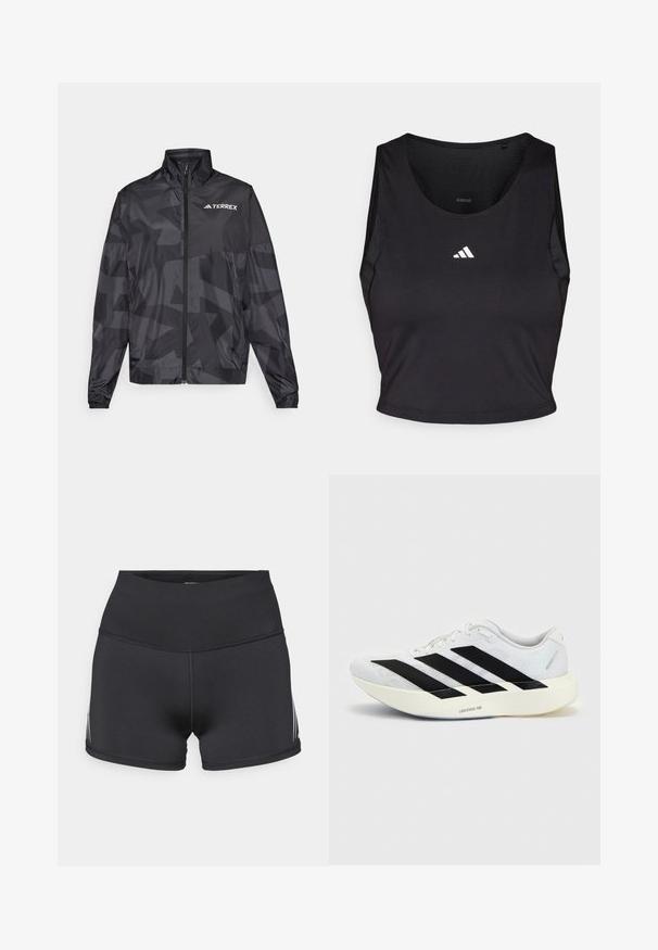 Čierna ľahká bunda s vysokým golierom, so zipsom a geometrickým vzorom. Na hornej ľavej strane je biele logo "TERREX".; Čierny športový crop top vyrobený z látky odvádzajúcej vlhkosť, s okrúhlym výstrihom, bez rukávov a bielym logom na hrudníku.; Čierne športové šortky s vysokým pásom, vyrobené z elastickej látky. Majú biele bočné pruhy a ploché švy pre pohodlie.; Biela bežecká topánka s čiernym dizajnom so tromi pruhmi na boku a hrubou bielou podrážkou označenou "Lightstrike Pro" na jednofarebnom pozadí.